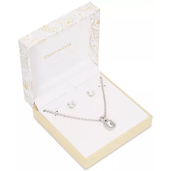 Charter Club Silver-Tone Pave & Emerald-Crystal Pendant Necklace & Stud Earrings - Picture 1 of 6